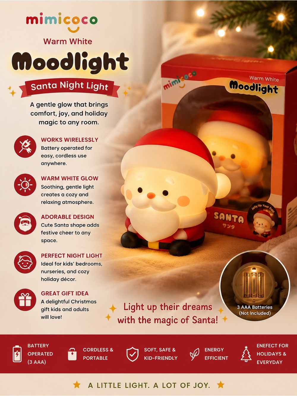 mimicoco Moodlight Santa Night Light - Red & White